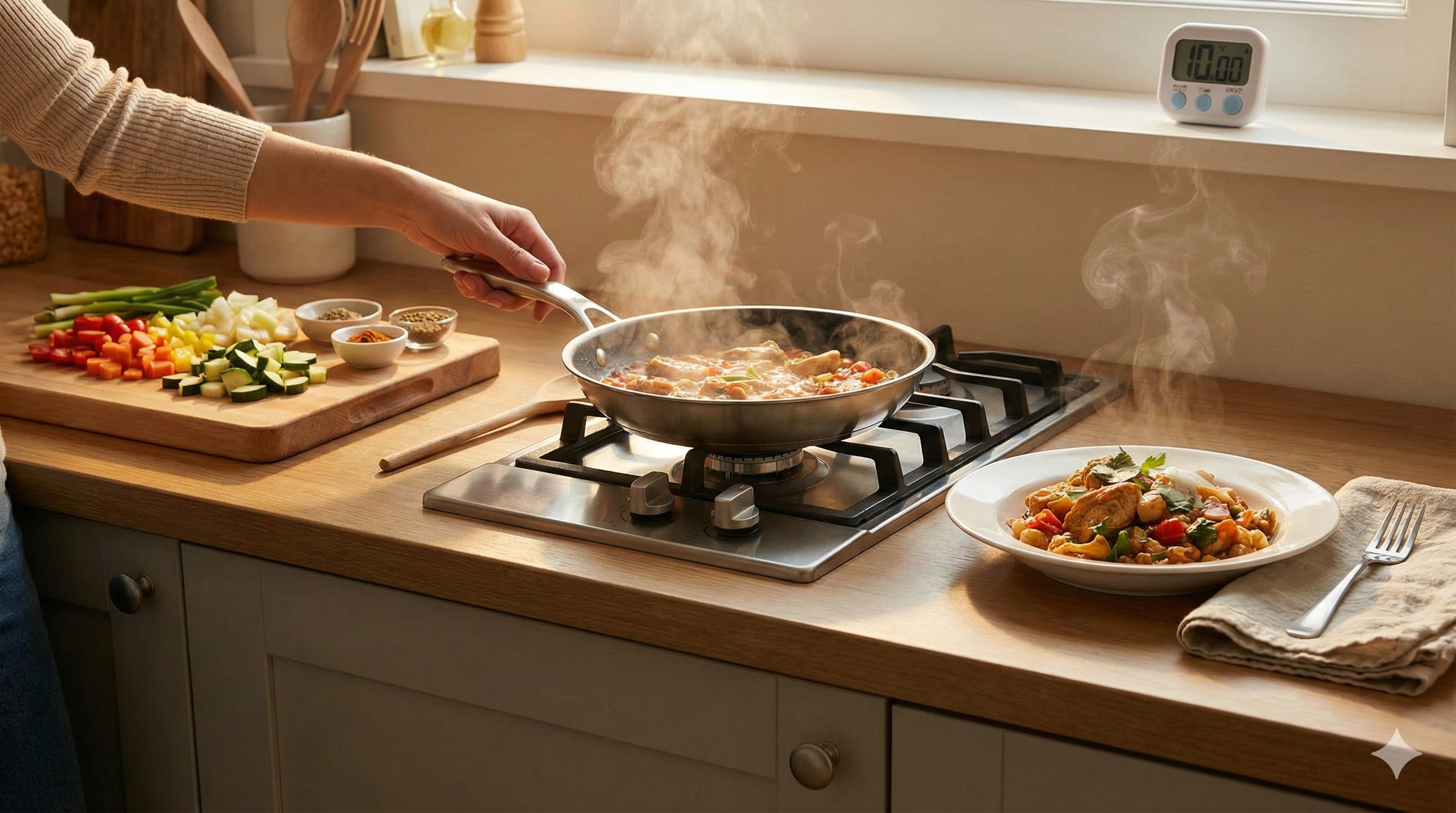 Keep-moving cooking - quick meal timeline